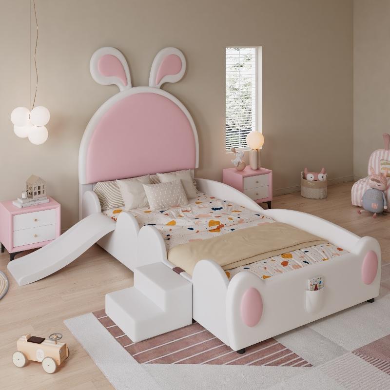 Polsterbett 90x200 cm Weiß Rosa aus PU, Kinderbett mit Treppe und Rutsche, Kopfteil mit Hasenohren, Schlafzimmer