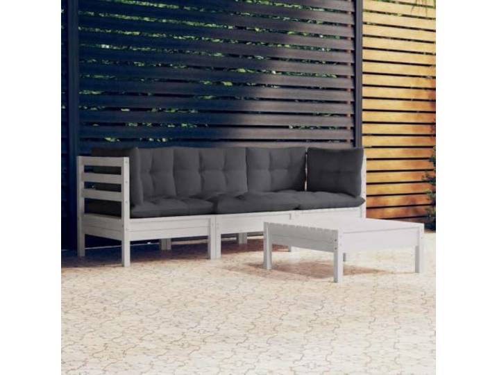Bois de pin massif avec coussins module extensible 4 places 110 kg blanc Salon de jardin 4 pcs avec coussins anthracite Bois de pin blanc ensemble modulable exterieur avec repose-pieds pour