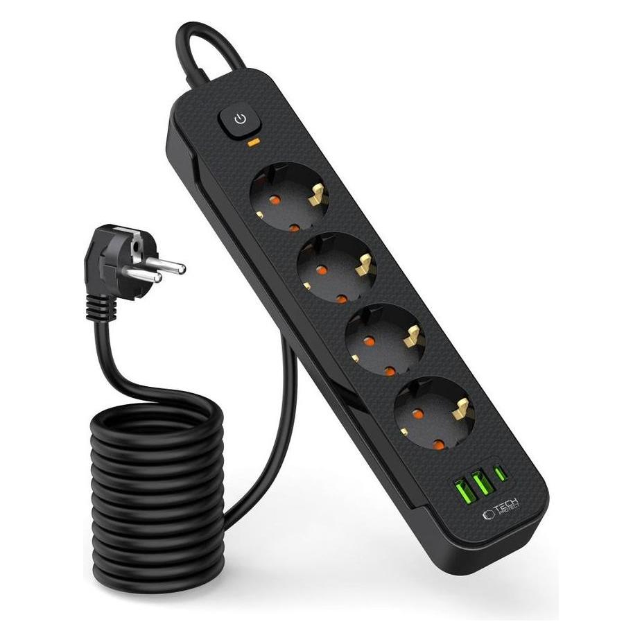 Tech-Protect PCL4X3 Power Strip 4 Sockets 240V + 2xUSB-A + 1xUSB-C 200 cm - Black (4x, USB-A, USB-C, 2 m) (177796)