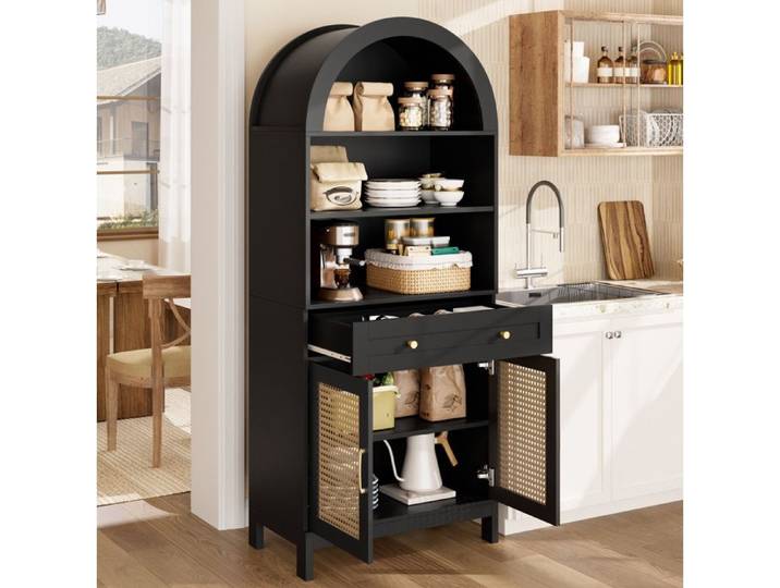 Vitrine haute armoire de rangement arche 170 cm noire effet bois 3 étagères 1 tiroir 2 portes anti-basculement ORVRYN