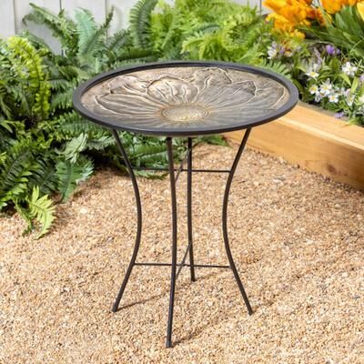 Evergreen 18 in. Flower Metal Birdbath with Stand