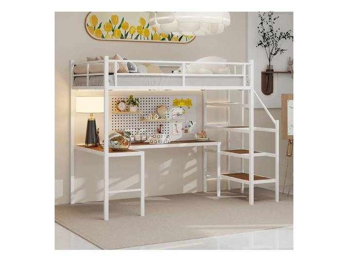 OYRREU Etagenbett Hochbett mit L-förmigem Schreibtisch großem und Ablagefächern (Spar-Set)