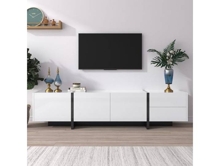 Merax TV-Schrank Lowboard mit Farbblock-Beinen in Hochglanz-Weiß und Schwarz, 190x35x45 cm