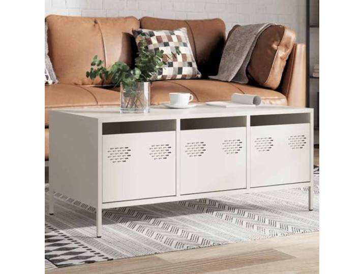 HEFZGDB Industrie-Stil Couchtisch Weiß 101,5x50x43,5 cm Kaltgewalzter Stahl mit verstellbaren Beinen und praktischer Tür für Wohnzimmer