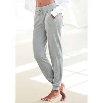 Relaxhose BENCH. LOUNGEWEAR, Damen, Gr. 36/38, N-Gr, grau (hellgrau, melange), Interlock, Obermaterial: 90% Baumwolle, 10% Polyester, meliert, unifarben, bequem lang, Hosen Relaxhose, mit glänzender Logostickerei, Loungeanzug