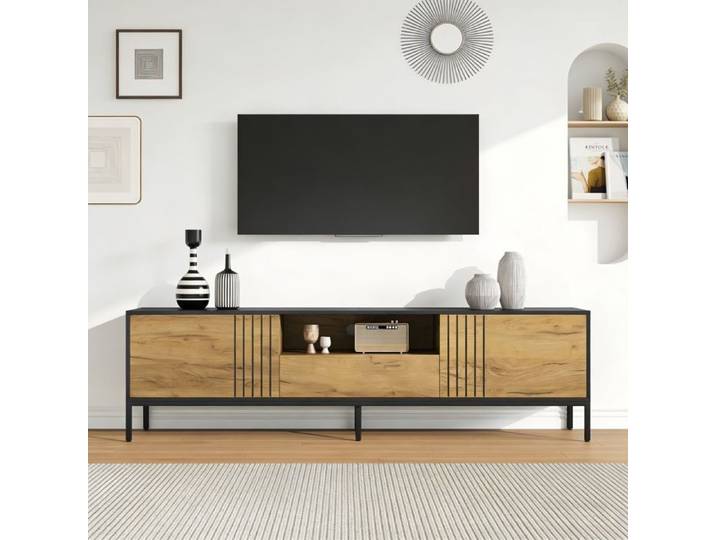 Meuble TV 170cm pour télévision 70 pouces 2 portes et 1 tiroir console en panneau de particules chêne et noir 170x35x50cm