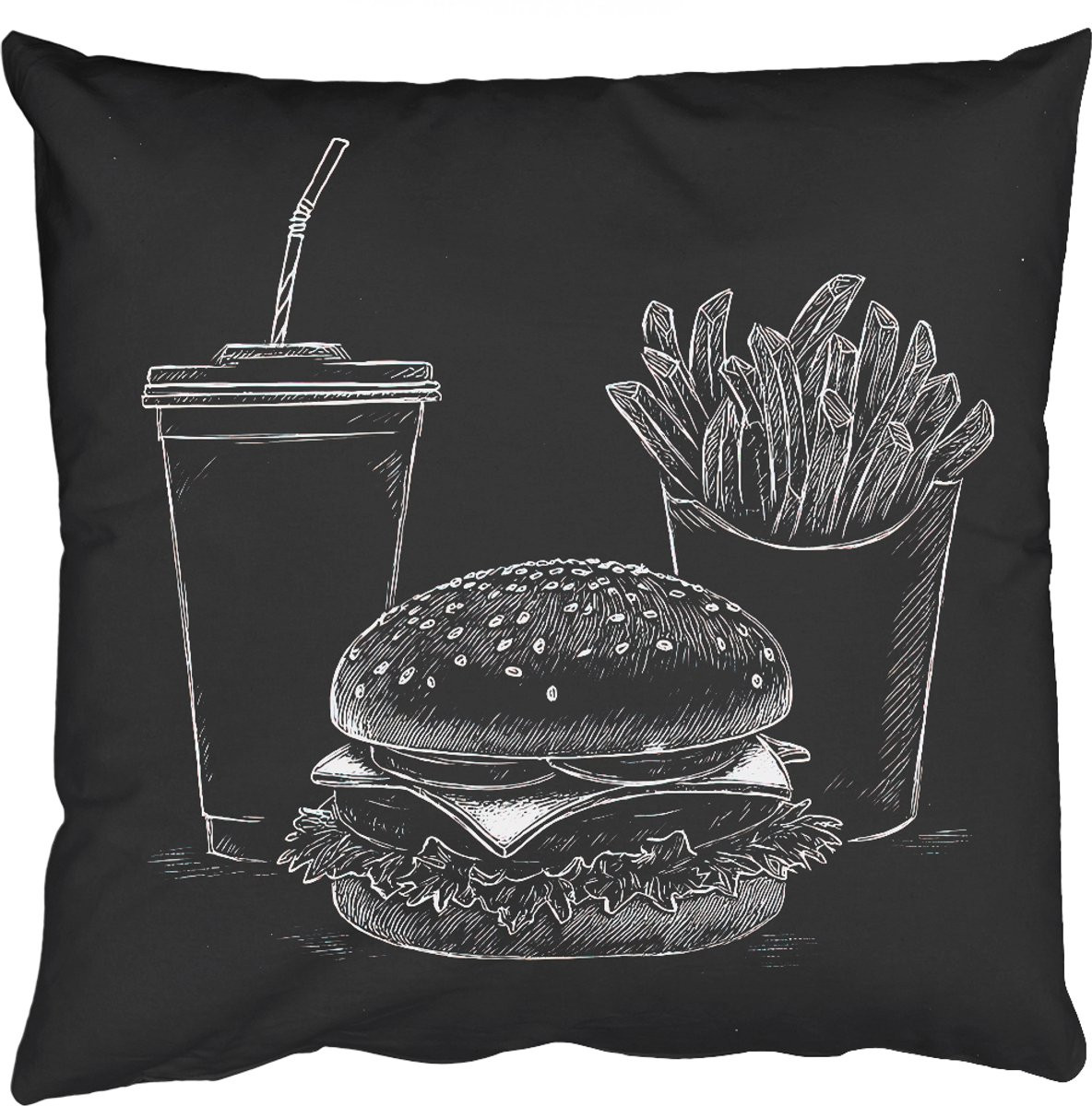 Sierkussen Hamburger Friet Frisdrank Krijttekening - 60 x 60 cm
