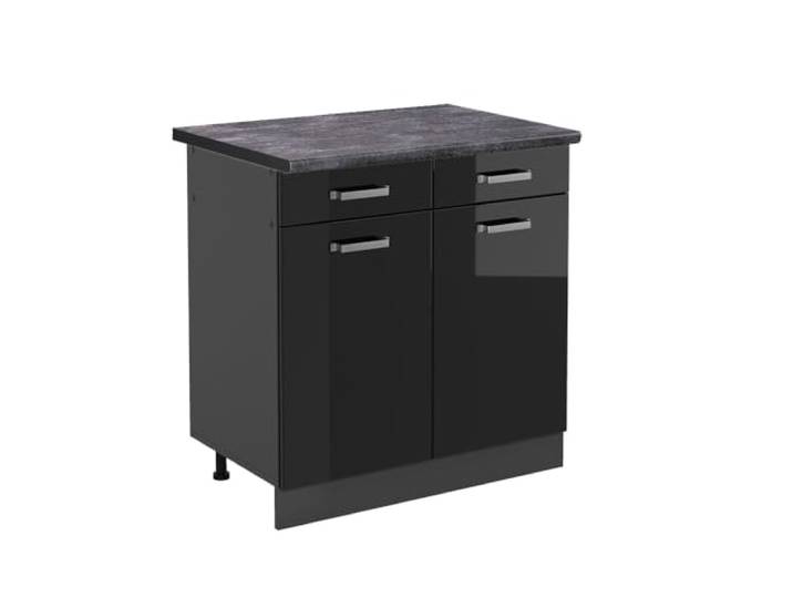 Vicco Küchenunterschrank R-Line, Schwarz Hochglanz, 80 cm 2 Schubladen · Arbeitsplatte Anthrazit · Höhenverst. Füße · Metallgriffe · Leichter Zugriff