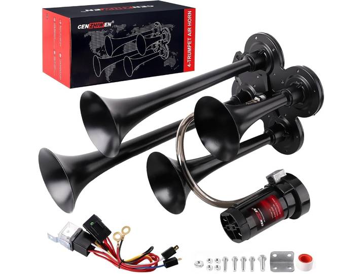 【130dB Super Loud】Kit Klaxon Train 12V 4 Trompettes avec Compresseur pour Camion Voiture RV Bateau - Universel