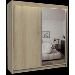 KLEIDERSCHRANK mit Spiegel-Schiebetüren und Aluminium-Leisten, LED-Beleuchtung - PARTI - 200 cm Braun