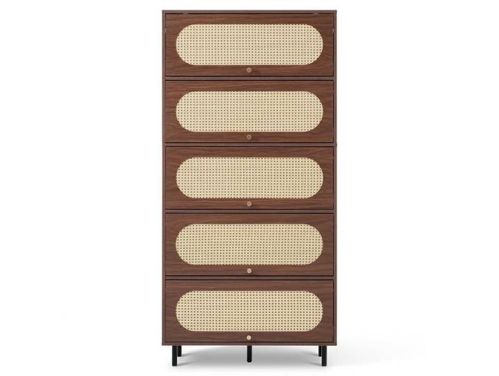 Buffet haut effet noyer & rotin 5 portes abattantes 80x40x163cm