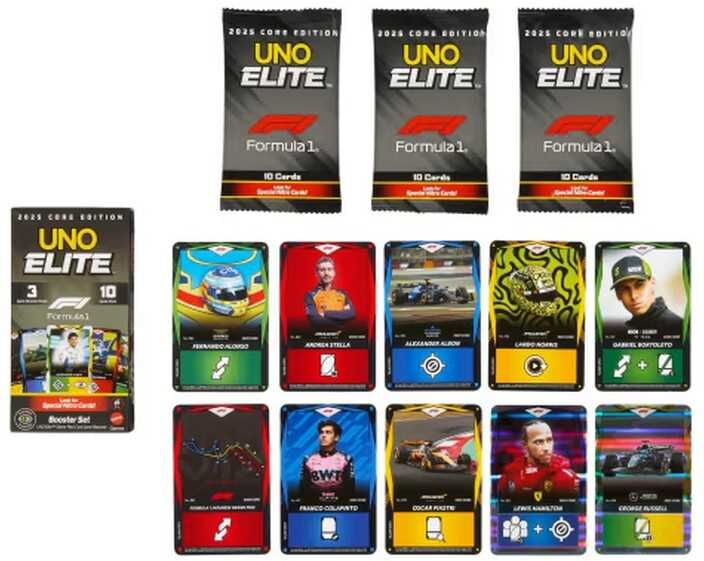 Mattel UNO Elite F1 Booster Set for Ages 7+, Includes 30 Elite Action Cards, Compatible with UNO Elite Formula 1 2025 Core Edition
