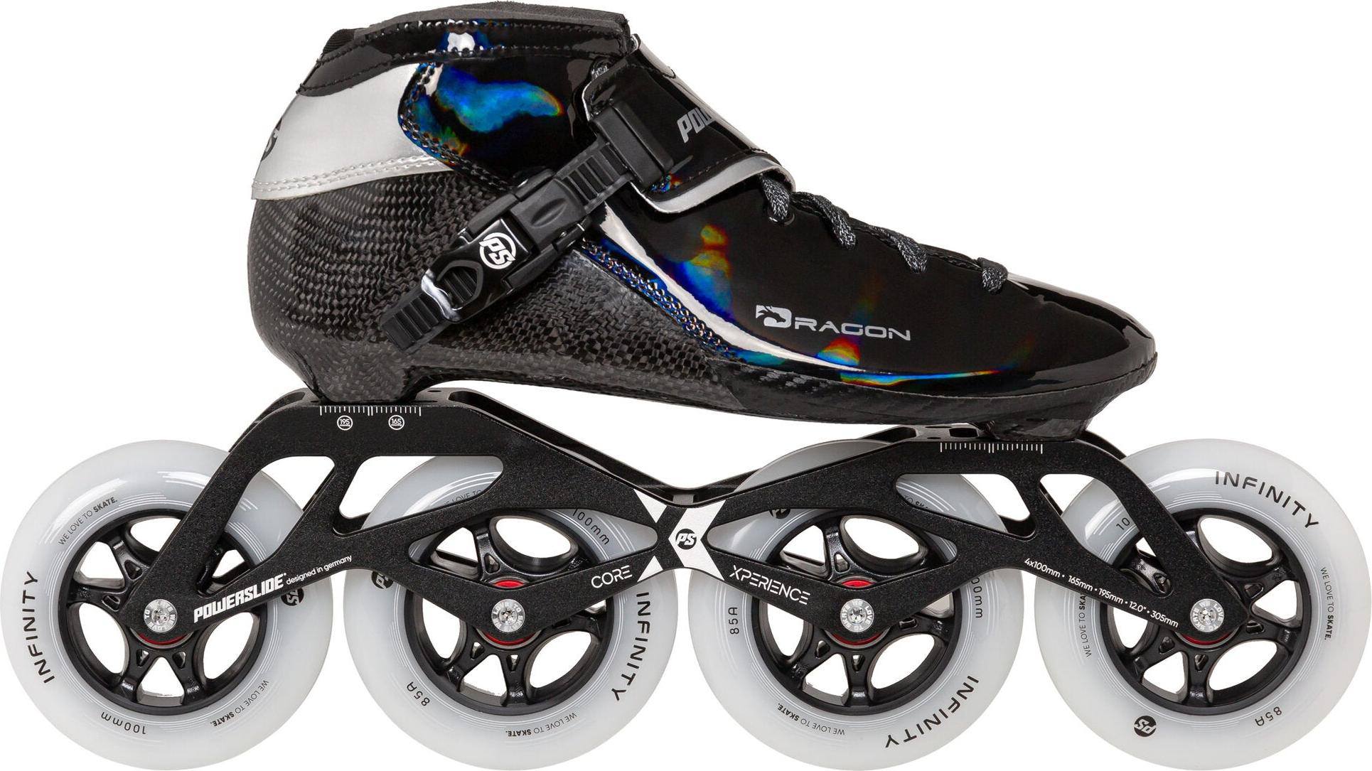 Powerslide Dragon Black 100 Kinder Karbon Inline Skate, Alu Rahmen, Infinity Rolle, ABEC 9