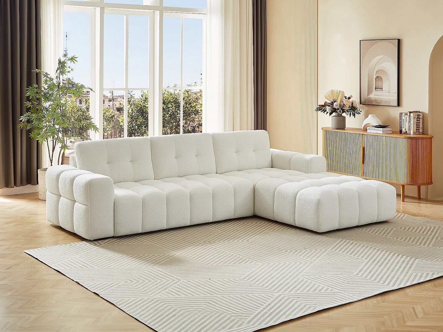 Unique Sofá rinconera derecha en tela bouclé blanco SOPELANA