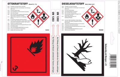 Haftetiketten für Kanister mit Ottokraftstoff & Dieselkraftstoff, GHS/CLP-konform, 1 Bogen mit 4 Etiketten, weißglänzend/rot/schwarz