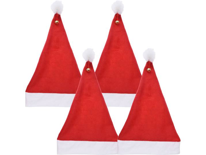 4er-Set Festliche Weihnachtsmann Mütze mit Pompon und Glocke, 40 x 30 cm