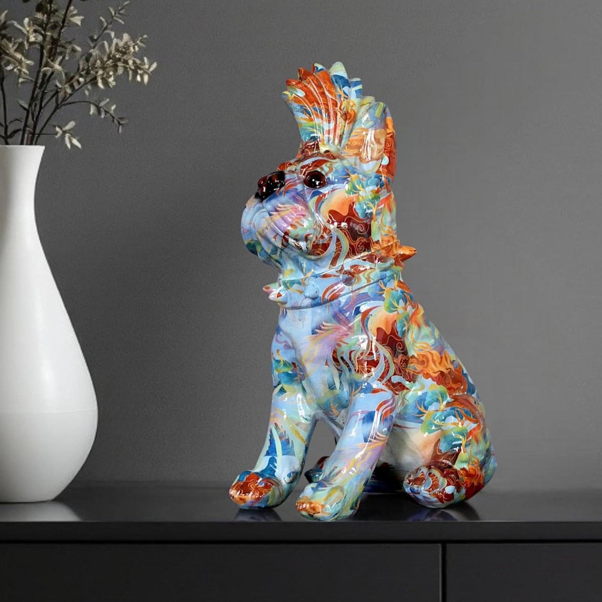 Merkloos Bulldog Decoratiefiguur - Hond Sculptuur - Pop Art Design - Meerkleurig - Hoogte: 32 cm