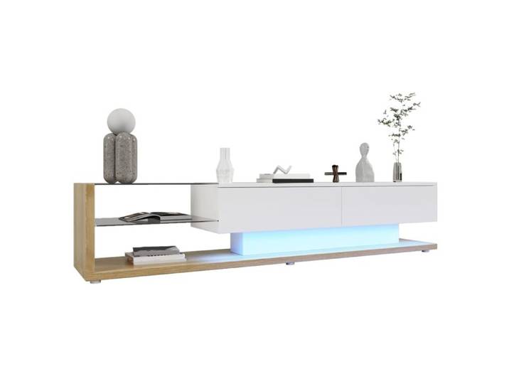 Meuble TV 170 cm blanc LED étagères verre lowboard pour salon