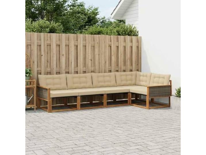 HFMDRMU Modulares Sofa-Set Beige mit 5 Teilen, Akazienholz Natur, Garten-Sofa-Set mit abnehmbaren Kissen für Terrasse und Garten