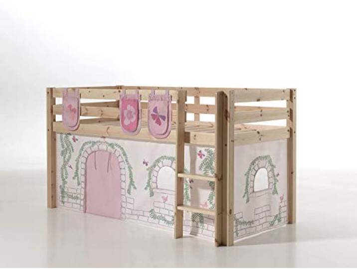 Vipack Spielbett Pino mit Textilset Vorhang und 3 Taschen Birdy Kiefer massiv Natur