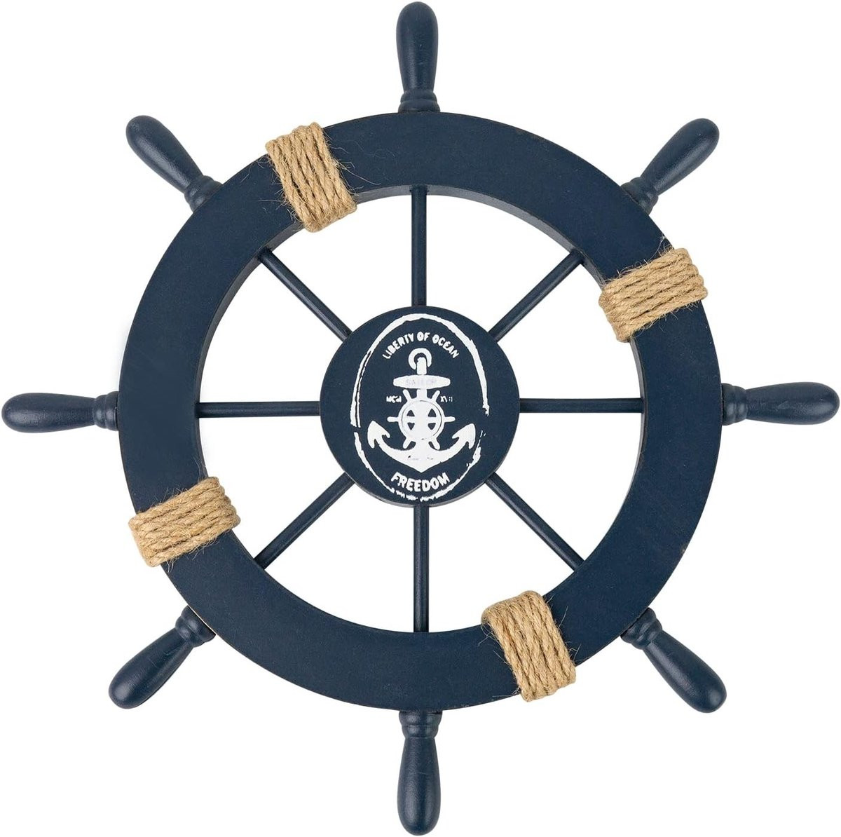 Houten Anker Stuurwiel Wanddecoratie Donkerblauw - 28 cm
