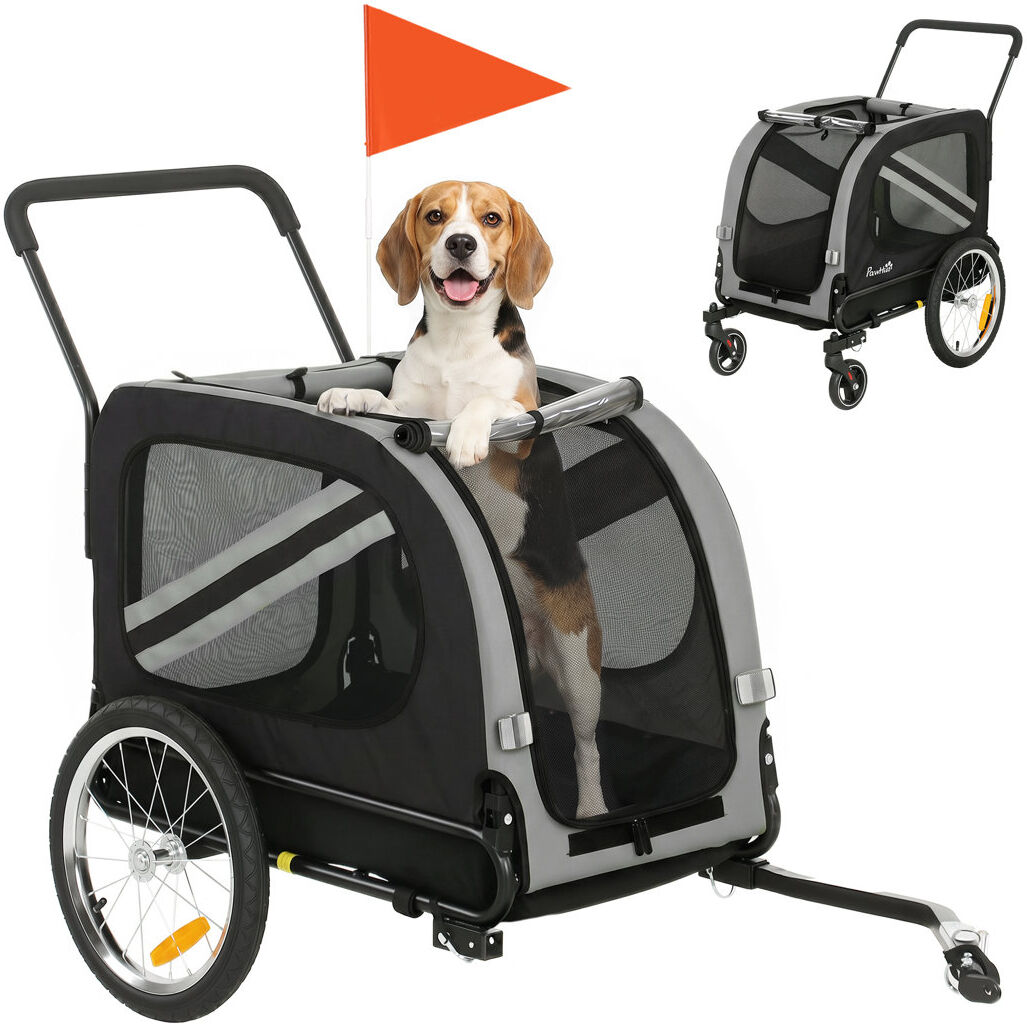 PawHut 2-In-1 Dog Bike Trailer Stroller with Reflector Flag Grey/Black 101cm H X 62cm W X 134cm D