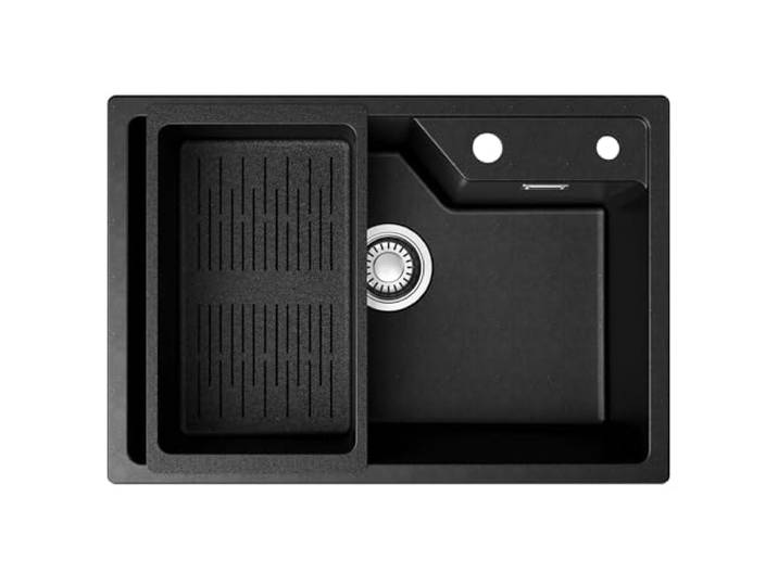 CECIPA Spülbecken Schwarz 65x45cm,Granitspüle Schwarz mit Siebkorb Moderne Küchenspüle in Hafen-Stil, Einbau von Oben, Waschbecken Küche mit 2 HahnLöcher - SOFETIY SERIE