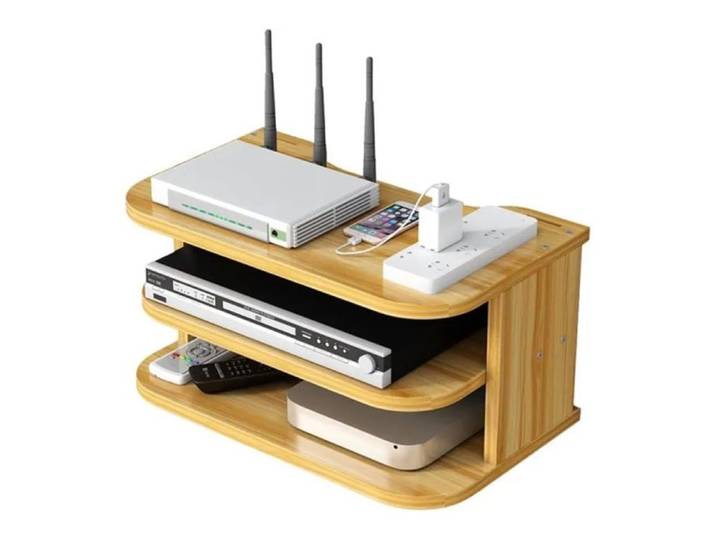 Routeur WiFi avec étagères flottantes et gestion de câbles pour TV mural