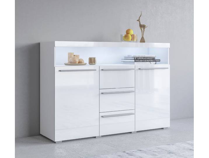 Sideboard GOODPRODUCT India,Breite 132cm stilvolle Anrichte mit 2Türen, 3 Schubladen , weiss (weiß, weiß hgl), B:132cm H:92cm T:38,5cm, Sideboards, Sideboard, Kommode viel Stauraum, Einlegeböden verstellbar,ohne Beleuchtung