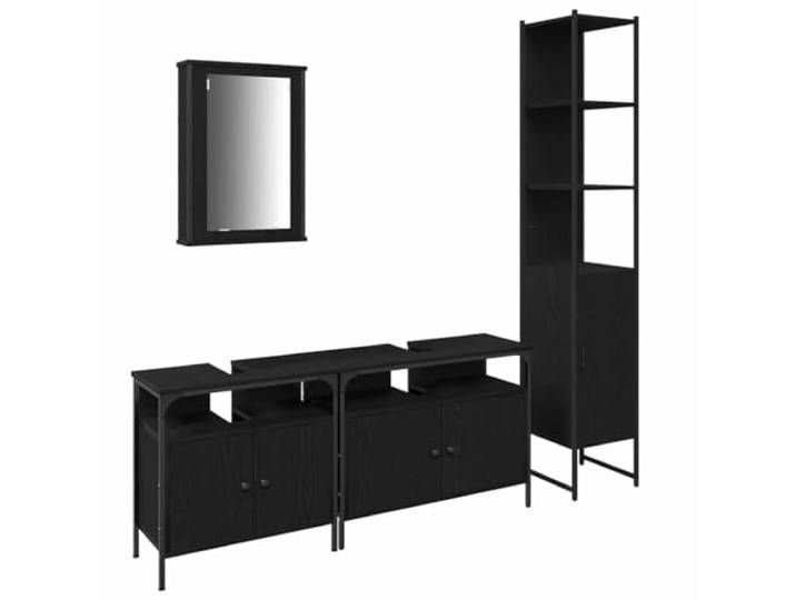 HGPOTUY Badezimmermöbel-Set 4 pcs Schwarz Eichen-Optik Holzwerkstoff Wandmontiert, Mit Spiegelschrank, Hoher Schrank, Pflegeleicht, Moderne Aufbewahrungslösung