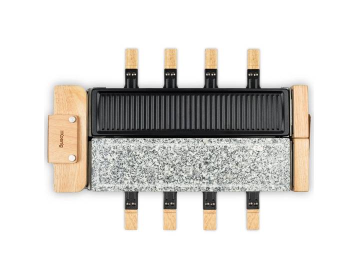 HKoenig Raclette-Gerät Wod360, Grau und Schwarz, Holzausführung, Stein und Grill, 8 Pfannen und 8 Pfannenwender aus Holz, Zirbelkieferfarben, 23.1x12.4x56.5 cm, Kochgeschirr, Tischgrills & Fondues, Raclette-Grills