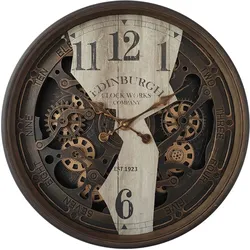 Wanduhr Wanddeko Vintage Uhr Wohnzimmerwand Glasplatte Uhr Zahnräder Zahlen, Motiv, Kunststoff Glas, 3x AA Batterie, DxT 76x1 cm