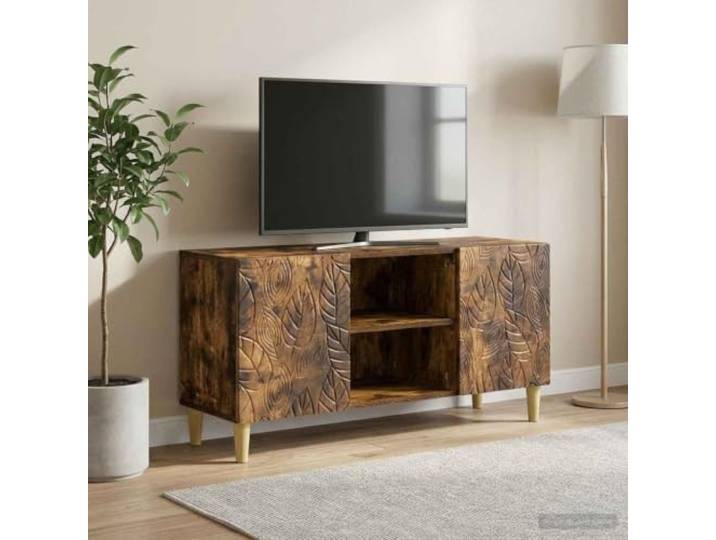 GKMBCVDFR TV-Schrank 102 x 34,5 x 50 cm Geräucherte Eiche Holzwerkstoff Geräucherte Eiche Optik, Pendeltüren, Regalbretter, Eukalyptusbeine, feucht abwischbar
