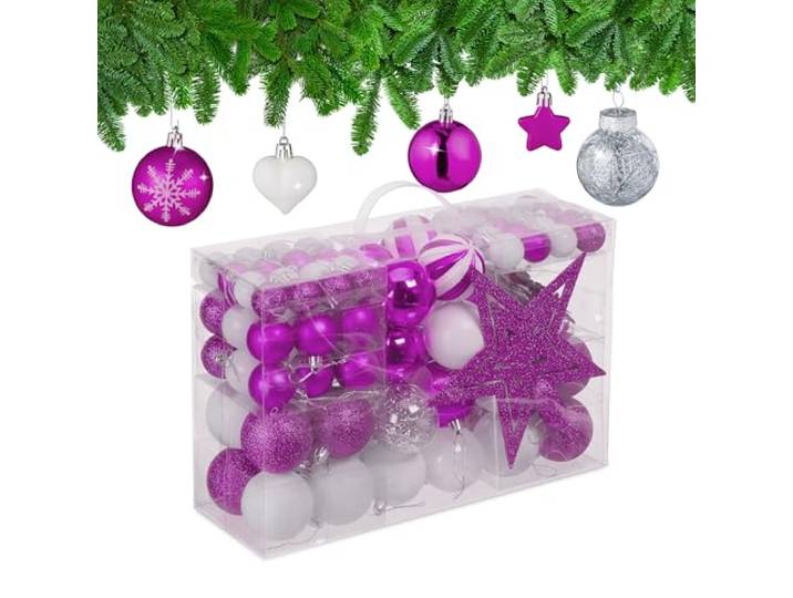 Relaxdays Boules de Noël\, Lot de 101\, en Plastique\, décoration de Sapin\, cœurs\, étoiles et cimier\, Rose Fuchsia/Blanc
