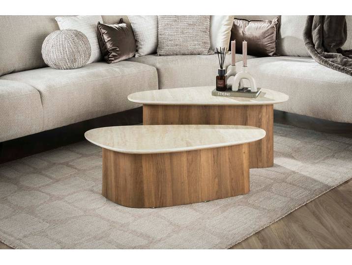 Couchtisch Sorelia - 2er Set mit Keramikplatte in Travertinoptik und dreieckiger Form - Travertinoptik - Luxusbetten24