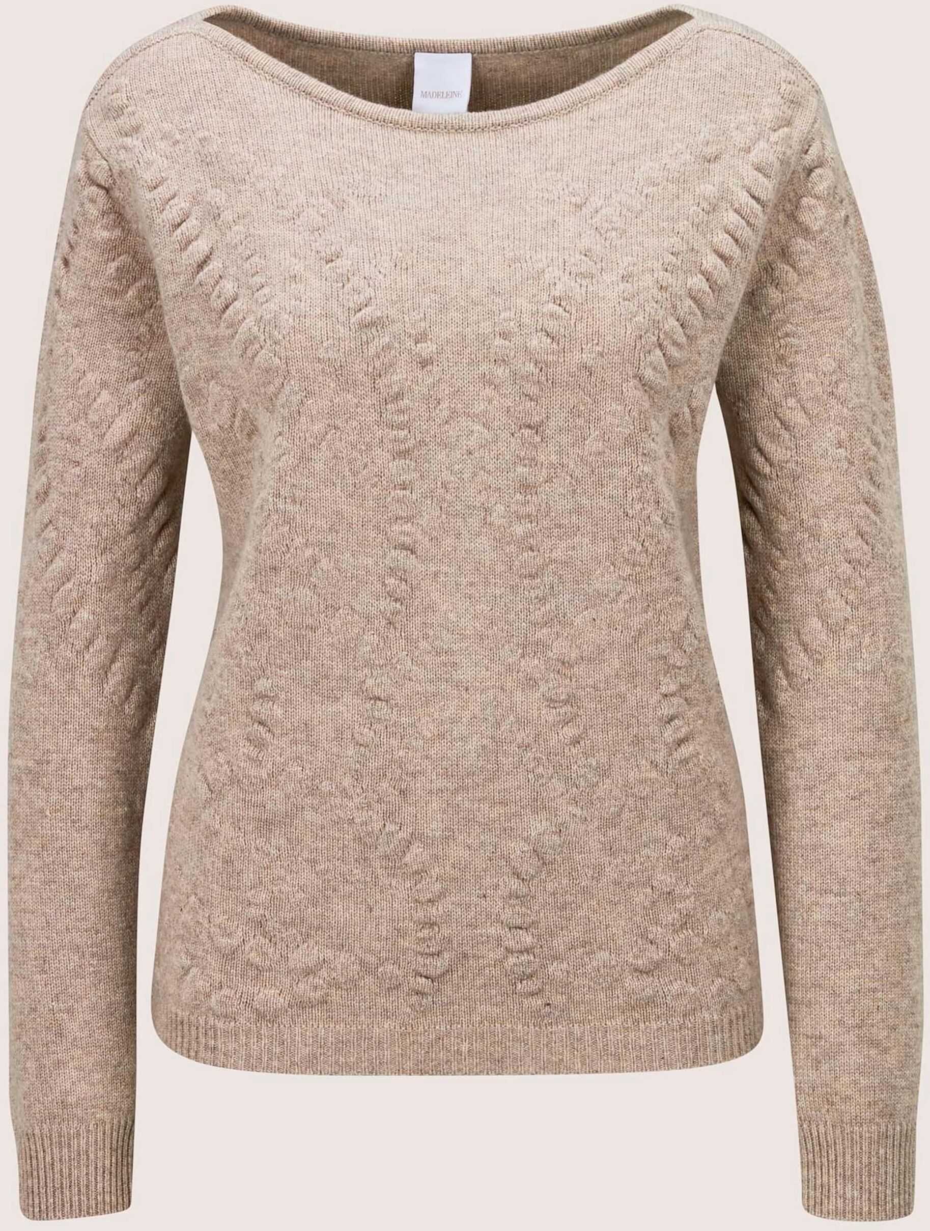 Longpullover MADELEINE "Pullover Kaschmirpullover mit Strukturstrick", Damen, Gr. 40/42, cappuccino, melange, Modern, regular fit, Pullover Longpullover
