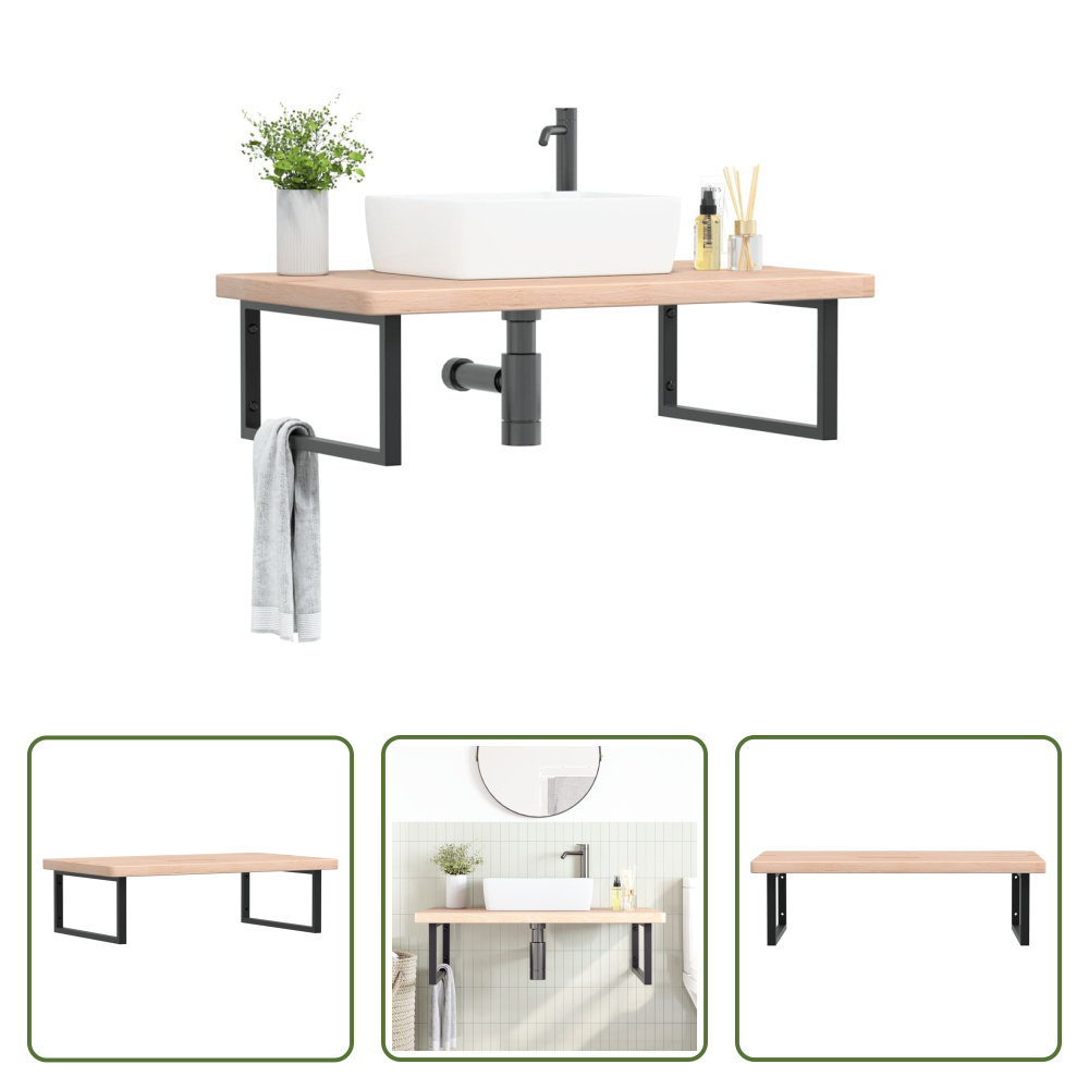 The Living Store Waschtischplatte mit Halterung Stahl und Massivholz Eiche