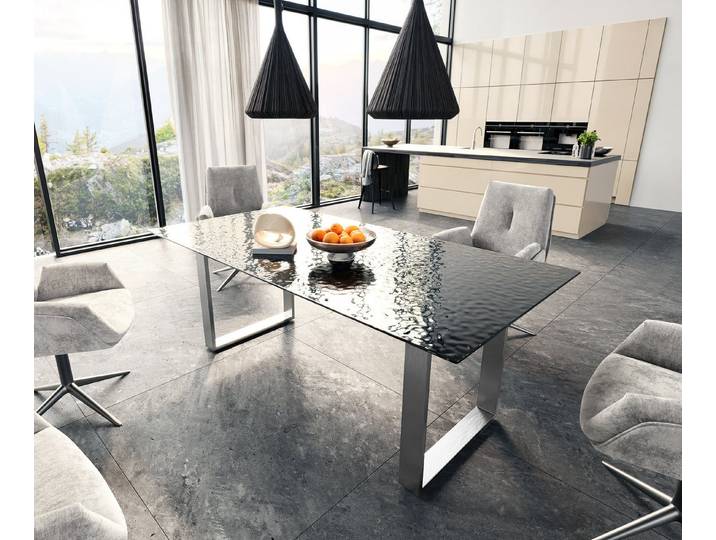 DELIFE Esstisch Edge, Reliefglas Rauchschwarz 3D-Design 200x100 Edelstahl Schmal