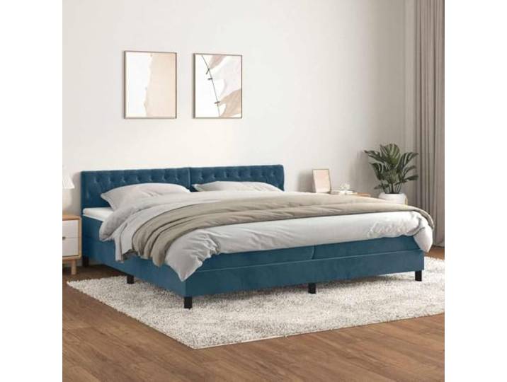RJPLMFV Bettgestell, Velours, Dunkelblau, 200 x 200 cm Verstellbarer Kopf, Taschenfederkernmatratze, mittlere Unterstützung, weicher Matratzenschoner