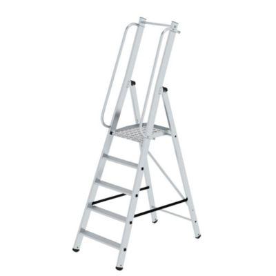 Munk Plattformleiter, 5 Stufen, Aluminium, stabile Rechteckrohr-Holme, große Plattform, Handläufe vormontiert, rutschsichere Leiterschuhe, 150 kg