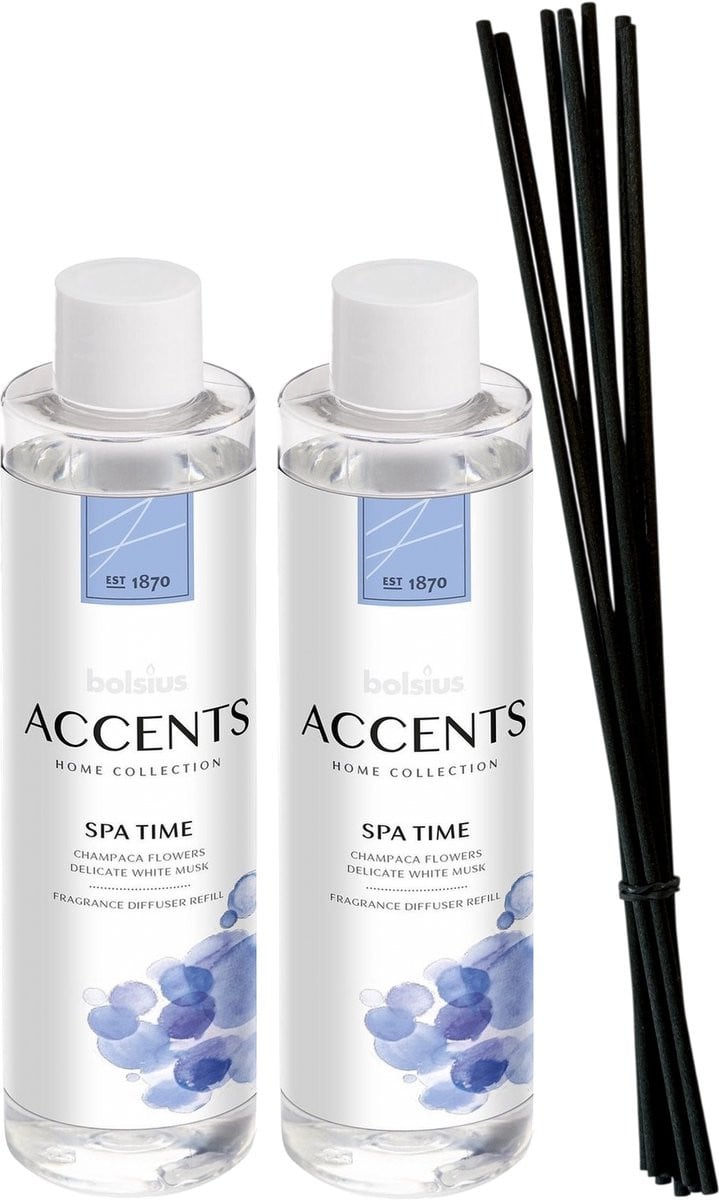 Bolsius Accents Navulling Voor Geurstokjes Spa Time - 2 x 200 ml inclusief 8 Fiber Geurstokjes