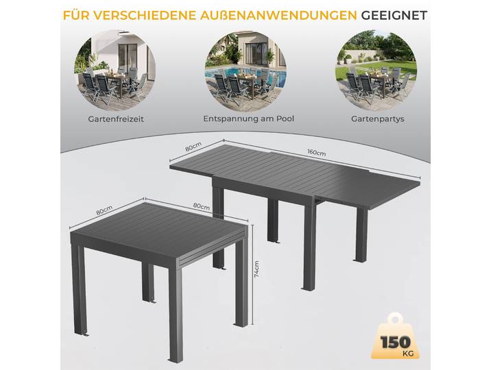 Table de repas extensible multifonctionnelle en alliage d'aluminium pour jardin, terrasse et fêtes