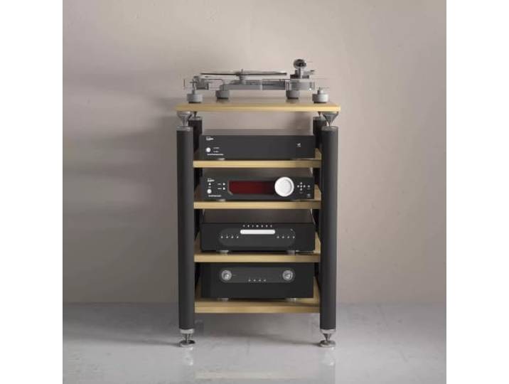 Modulares HIFI‑Audio‑Rack – Verstellbare Ablagen, Plattenspielerständer Mehrstöckiges Audio‑Regal, vielfältige Farben, schwingungsdämpfendes Design(Black+Natural Wood,4‑Tier)