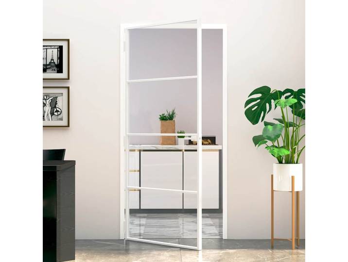vidaXL Innentür Weiß 93x201,5 cm Hartglas & Aluminium Schlank