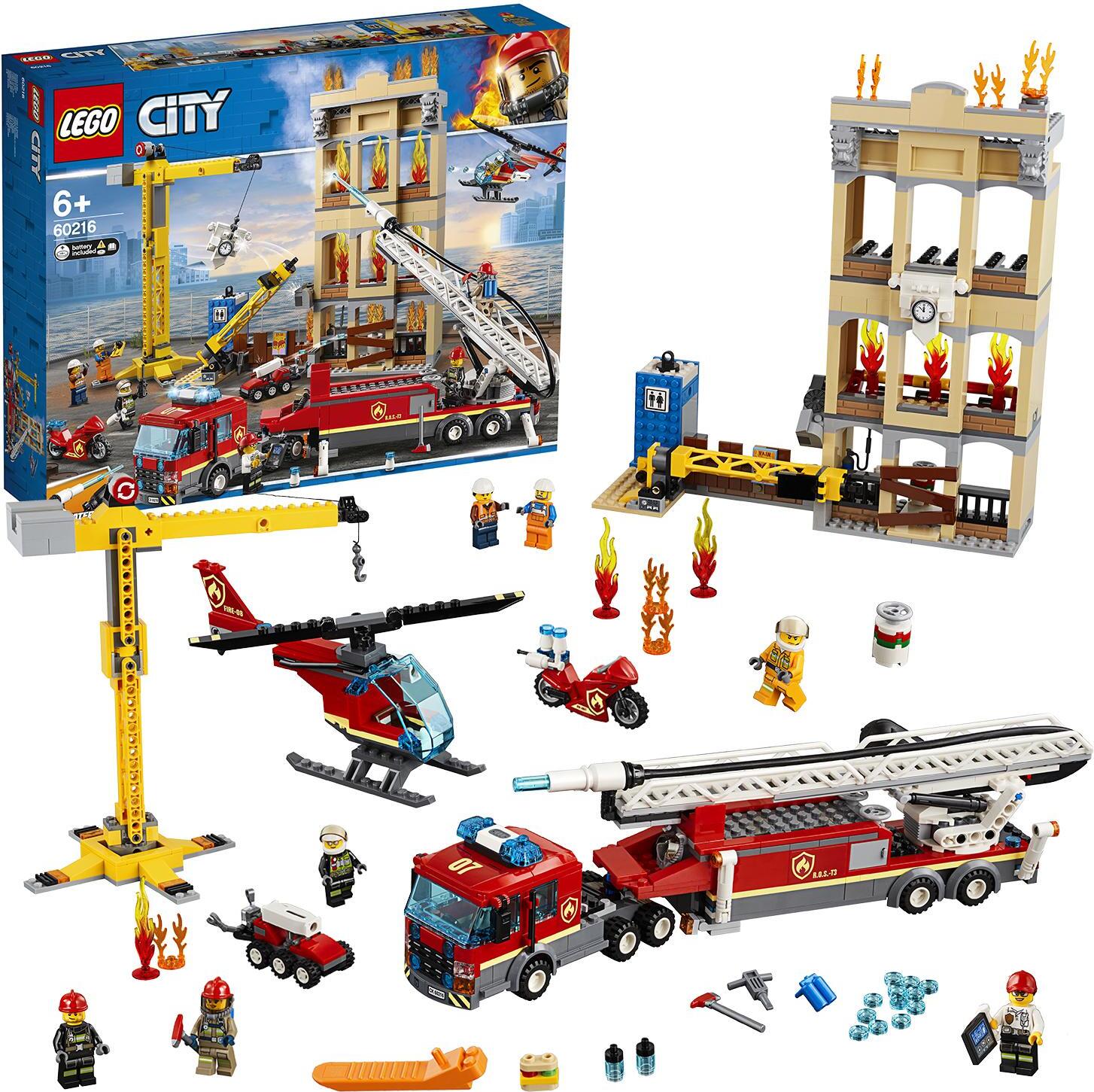 LEGO 60216 City Feuerwehr in der Stadt, Spielzeug für Kinder ab 6 Jahre, inklusive Feuerwehrauto, Kran, Hubschrauber und 7 Minifiguren