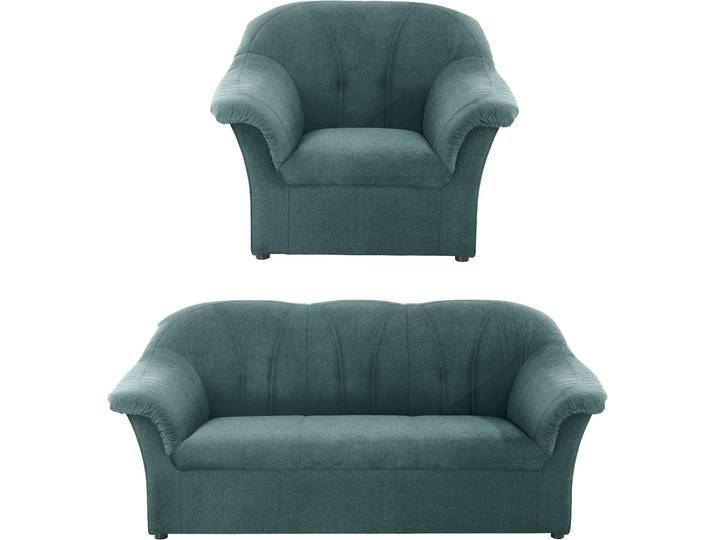 Polstergarnitur DOMO COLLECTION Pegnitz zeitlos und elegant , blau (petrol), Chenille-Optik, 95% Polyester, 5% Nylon, Sitzmöbel-Sets, Sessel und 3-Sitzer