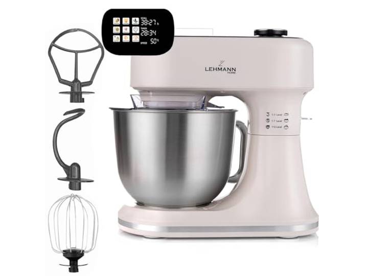 LEHMANN Robot Pâtissier avec Écran\, 1500W\, Bol Mélangeur 5L avec Fonction Fermentation et Chauffage\, Balance Intégrée\, 12 Vitesses\, Minuterie\, 3 Mélangeurs - Fouet\, Batteur\, Crochet\, Beige