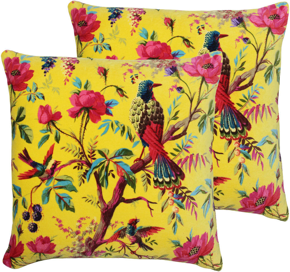 Paoletti Floral Cotton Velvet Filled Cushion Twin Pack Yellow