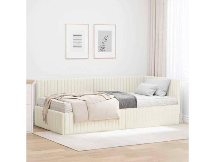 RJPLMFV Eckbettgestell, Velours, cremefarben, mit Matratze, 2 Stück Lattenrost, Wand-Kopfteil, einfache Reinigung, einfache Montage