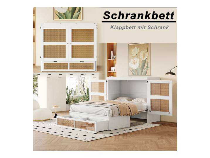Odikalo Polsterbett Jugendbett Schrankbett Stauraum Lattenrost Schubladen Rattan 140x200cm